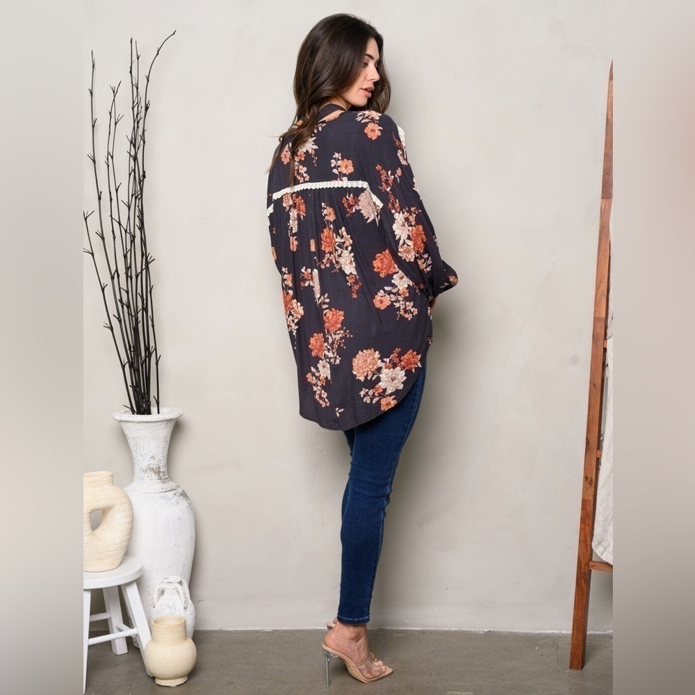 Ces Femme Long Sleeve Floral Tunic Top